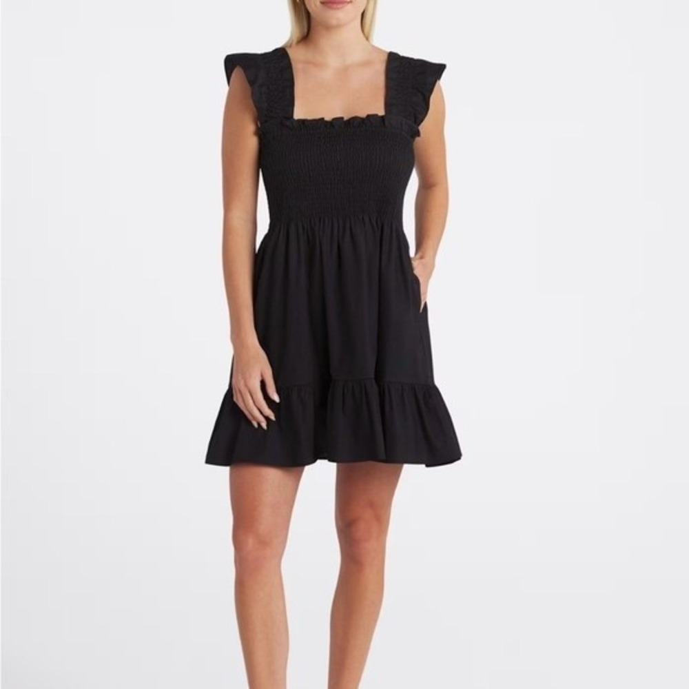 Few Moda Lanza Dress Women M Black Smocked Cotton Poplin Ruffle Mini Cottagecore